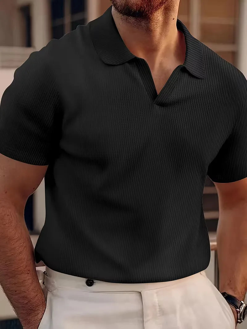 Men’s Polo Shirt | Short Sleeve V-Neck | Waffle Texture & Stretch Fabric