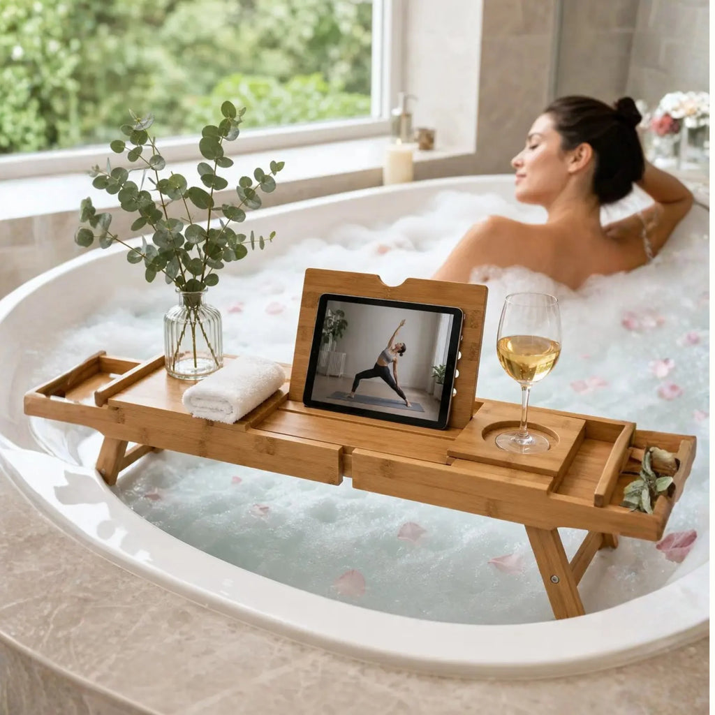 Bathtub & Bed Caddy Tray | Adjustable & Expandable Bamboo
