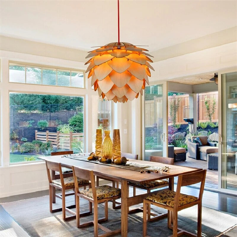 Pendant Lamp | Handcrafted Pine Wood Veneer & Dimmable LED Compatible | Diameter 38/45/68 cm