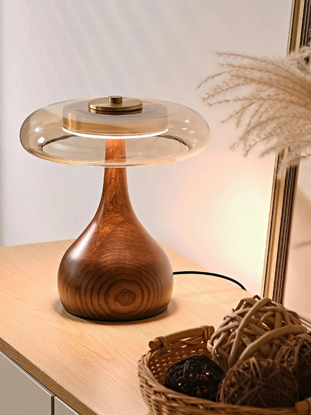 Table Lamp | Walnut-Tone Wood & Amber Glass | Warm LED Light