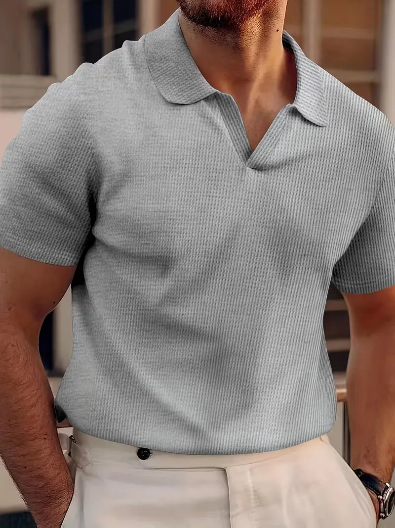 Men’s Polo Shirt | Short Sleeve V-Neck | Waffle Texture & Stretch Fabric