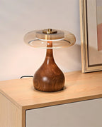 Table Lamp | Walnut-Tone Wood & Amber Glass | Warm LED Light