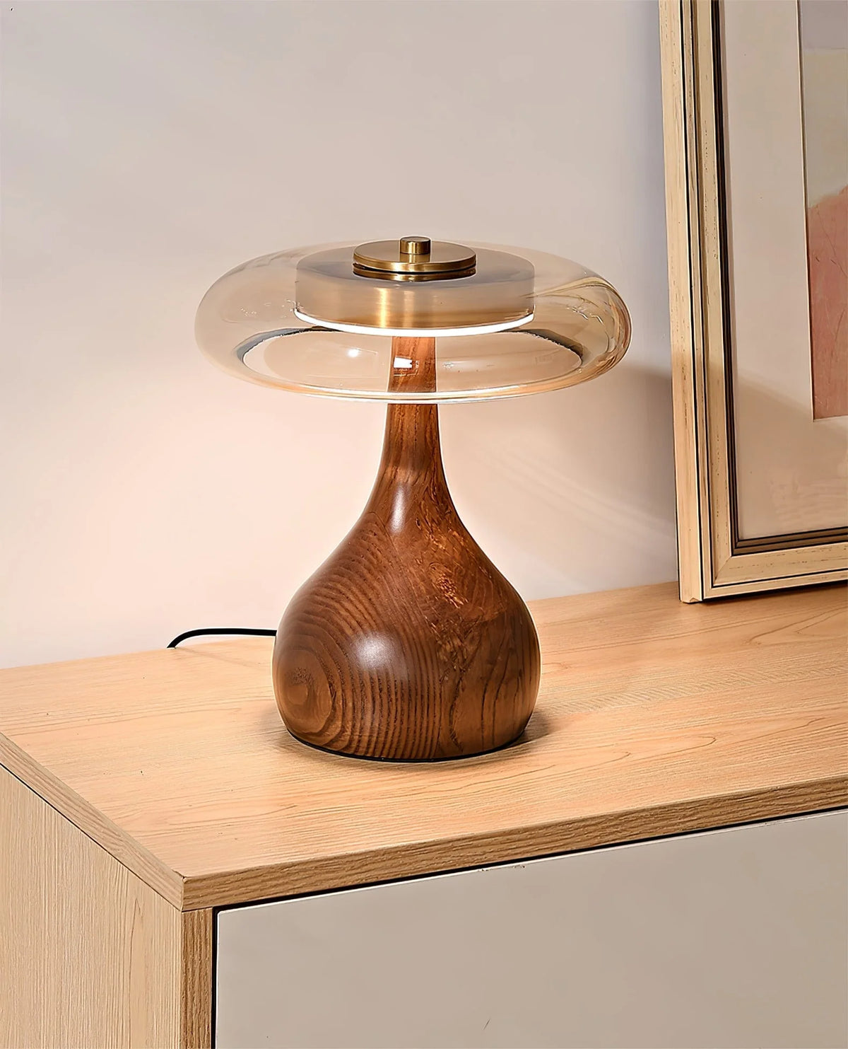 Table Lamp | Walnut-Tone Wood & Amber Glass | Warm LED Light