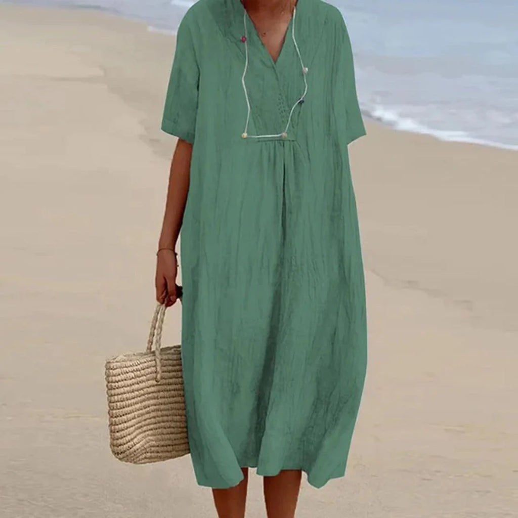 Women’s Midi Dress | Breathable Linen Blend V-Neck | Loose Fit