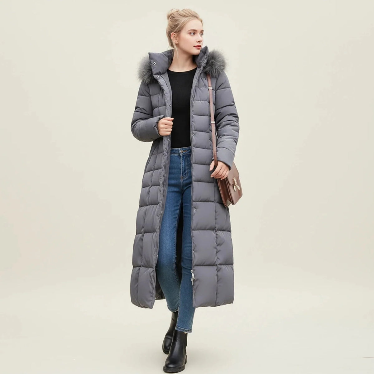 Puffer Coat | Long Quilted Faux Fur Hood | Belted Waist