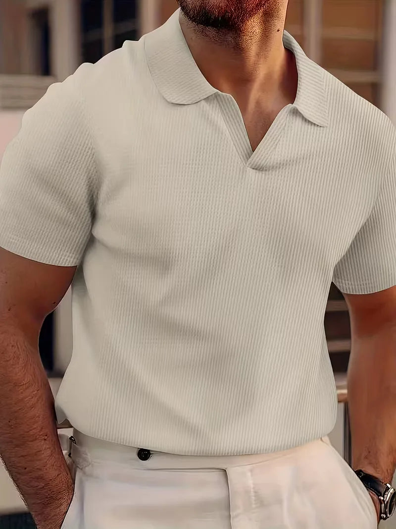 Men’s Polo Shirt | Short Sleeve V-Neck | Waffle Texture & Stretch Fabric