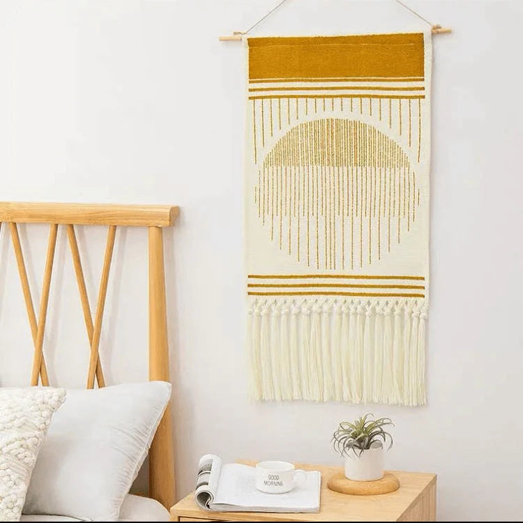 Macrame Wall Hanging | Handcrafted Cotton & Linen Geometric Fringe | 50 x 70 cm + 20 cm Fringe