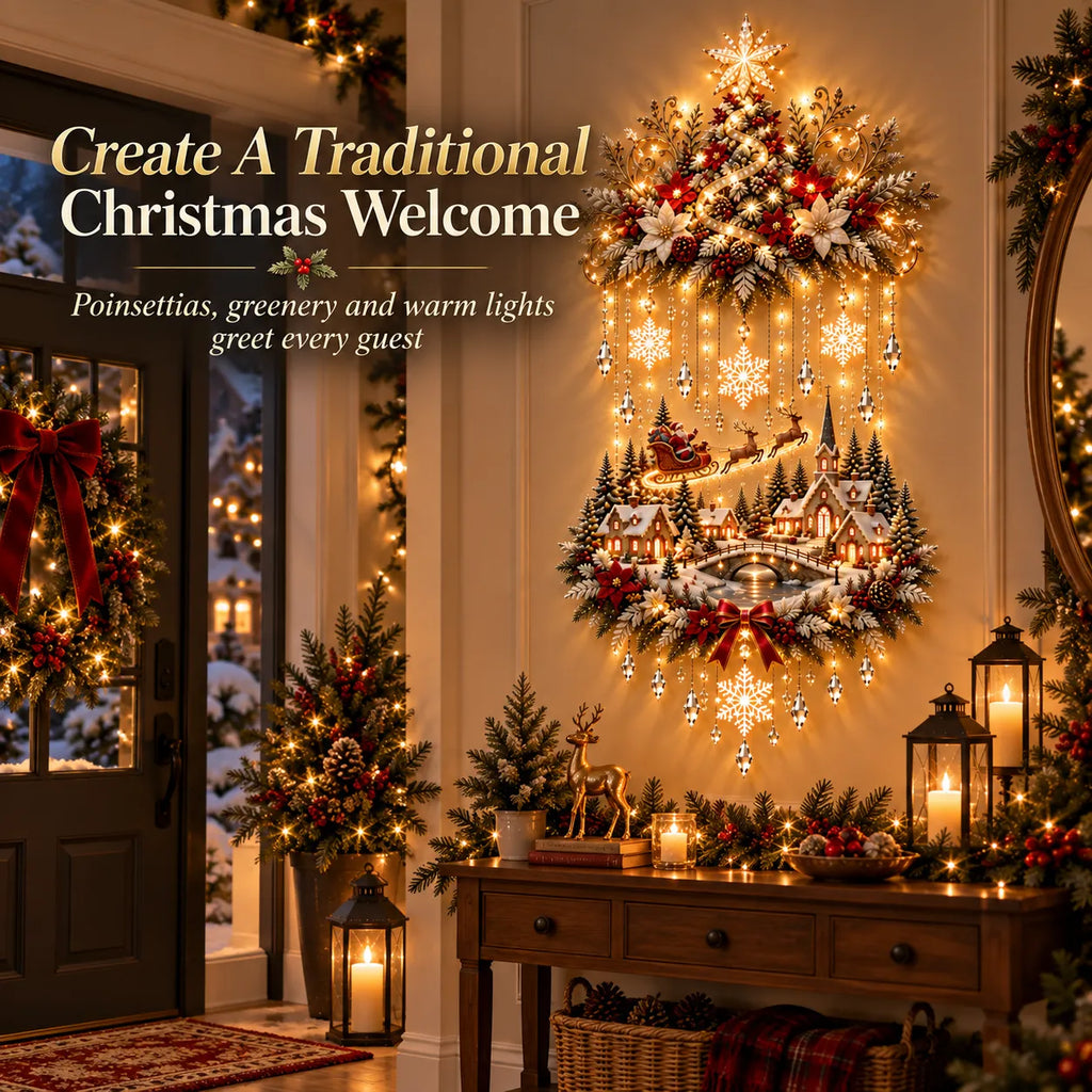 Christmas Tree Wall Hanging | Warm White LED Lights & Winter Village | 90 cm