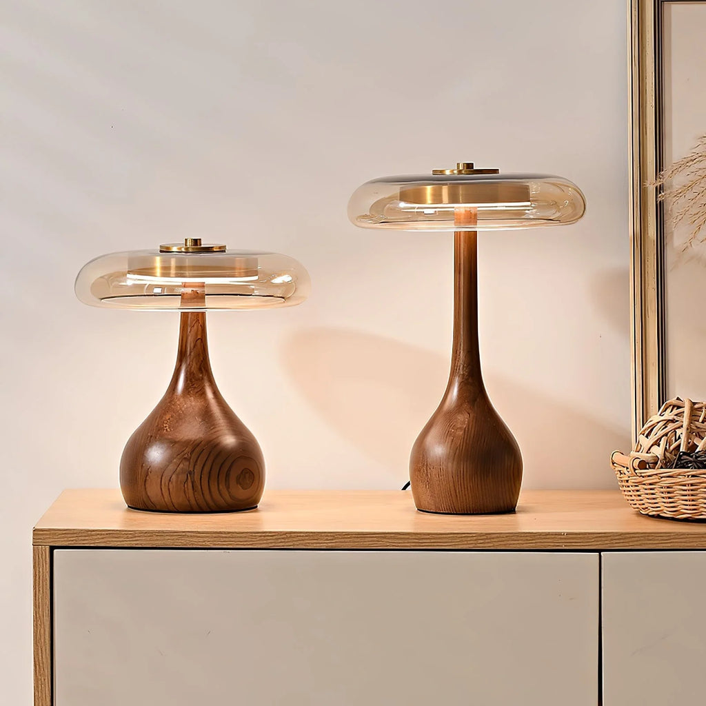 Table Lamp | Walnut-Tone Wood & Amber Glass | Warm LED Light
