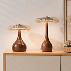 Table Lamp | Walnut-Tone Wood & Amber Glass | Warm LED Light