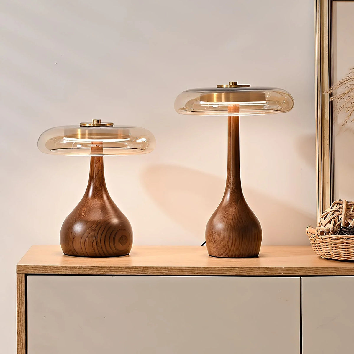 Table Lamp | Walnut-Tone Wood & Amber Glass | Warm LED Light