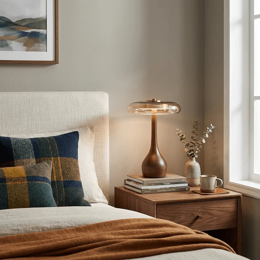Table Lamp | Walnut-Tone Wood & Amber Glass | Warm LED Light