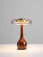 Table Lamp | Walnut-Tone Wood & Amber Glass | Warm LED Light