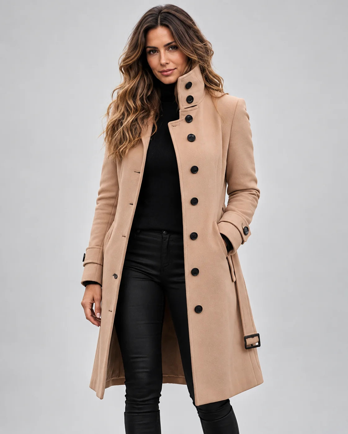 Coat | Brushed Wool Blend, High Collar & Button Front | Below-Knee Length