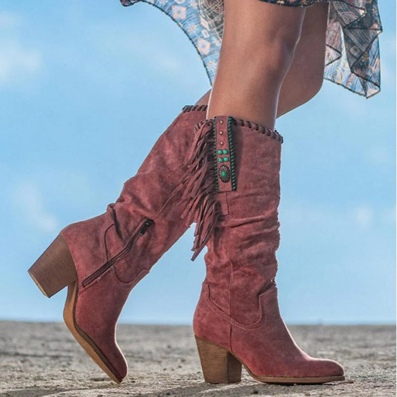 Knee-High Boots | Faux Suede Fringe Detail & Block Heel