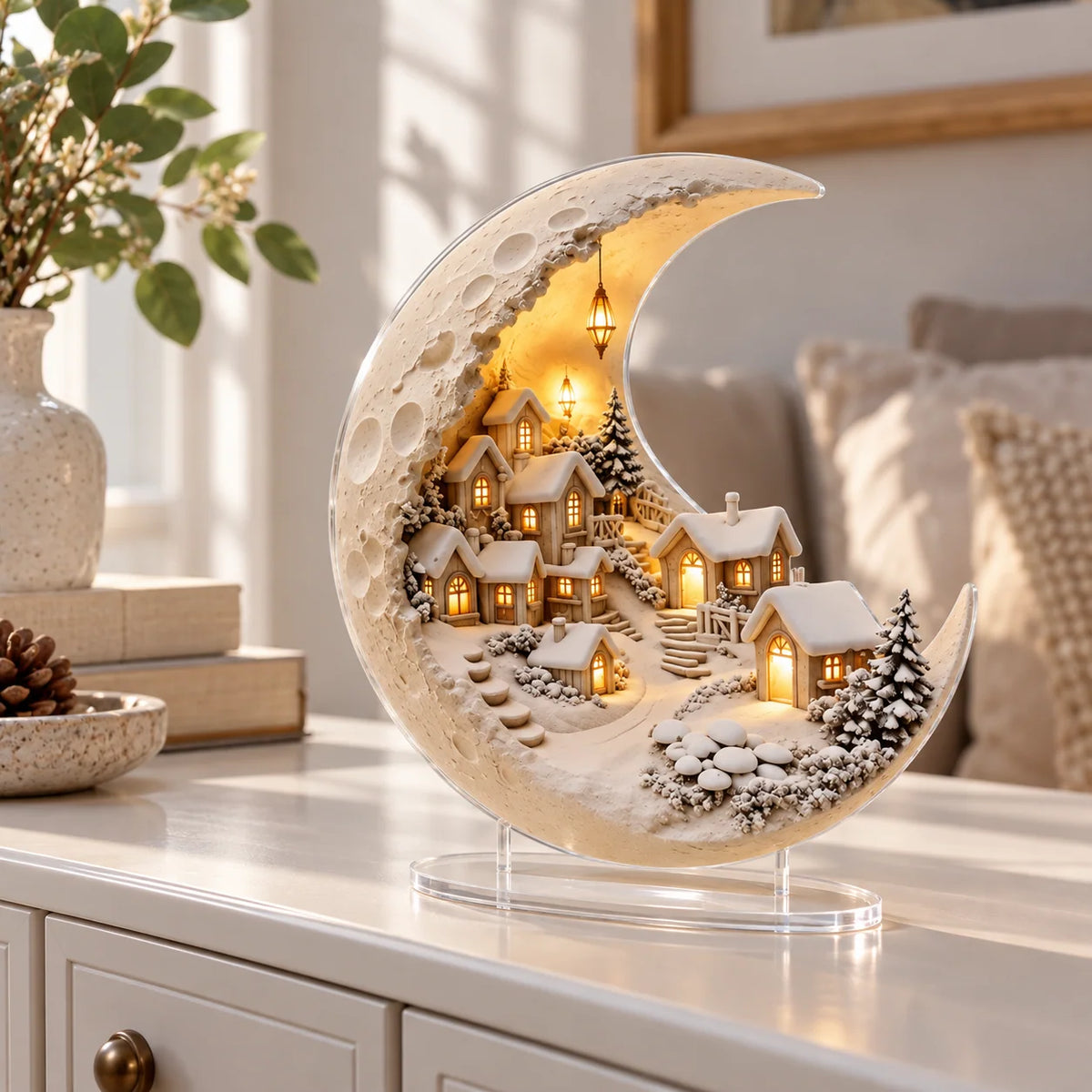 Winter Village Display | Acrylic Crescent Moon Design | 20 × 17 cm