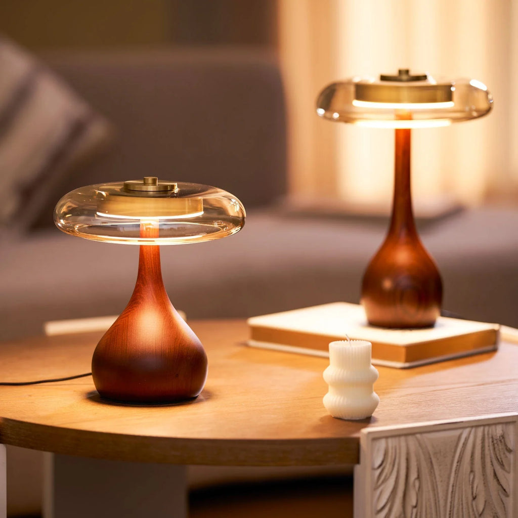 Table Lamp | Walnut-Tone Wood & Amber Glass | Warm LED Light
