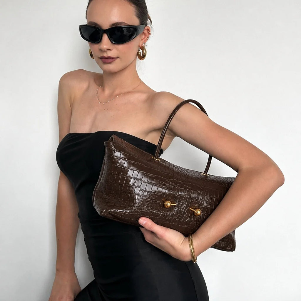 Shoulder Bag | Crocodile-Embossed Vegan Leather | Gold-Tone Hardware