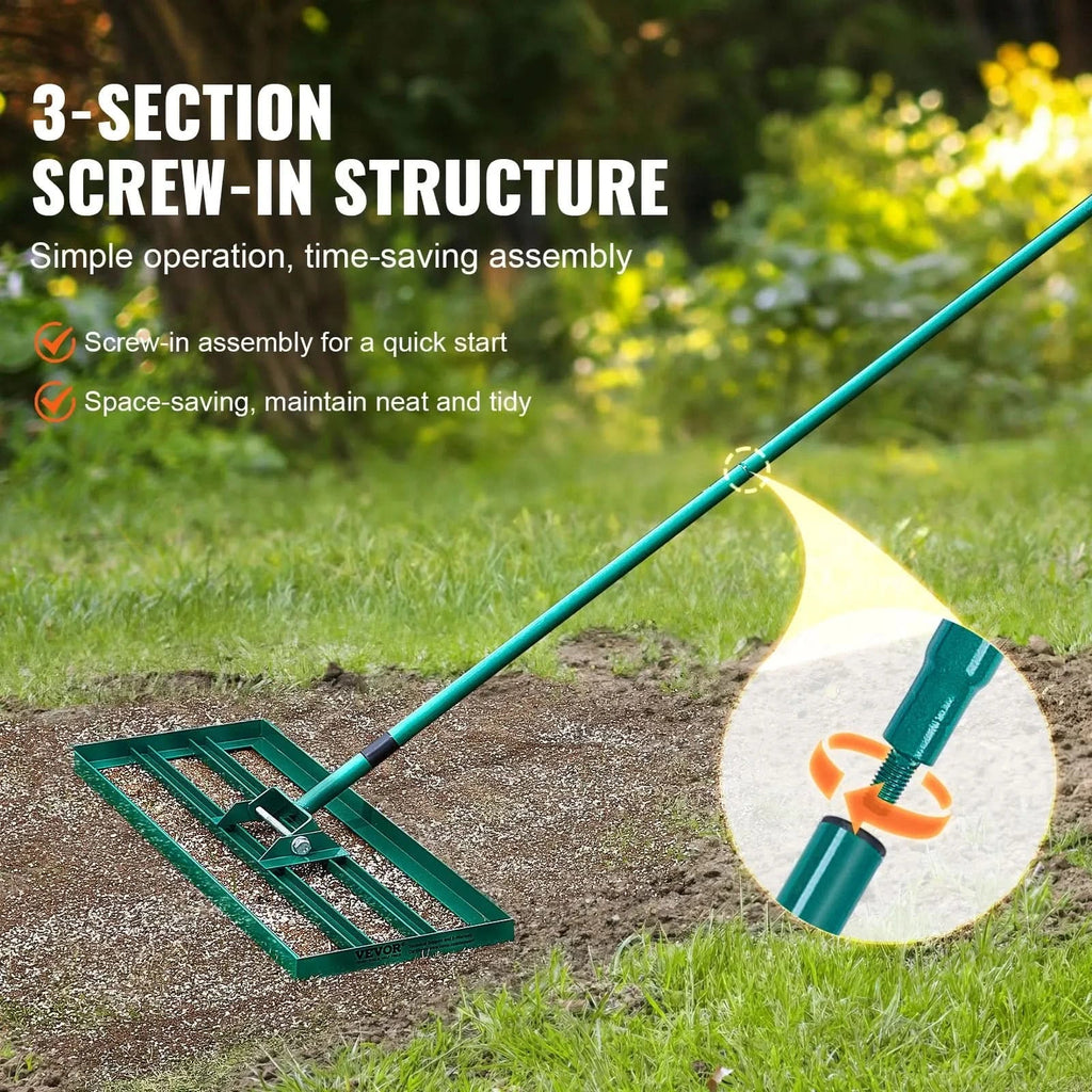 Lawn Leveling Rake | Wide Aluminum Base & Ergonomic Long Handle | 91 x 25 cm