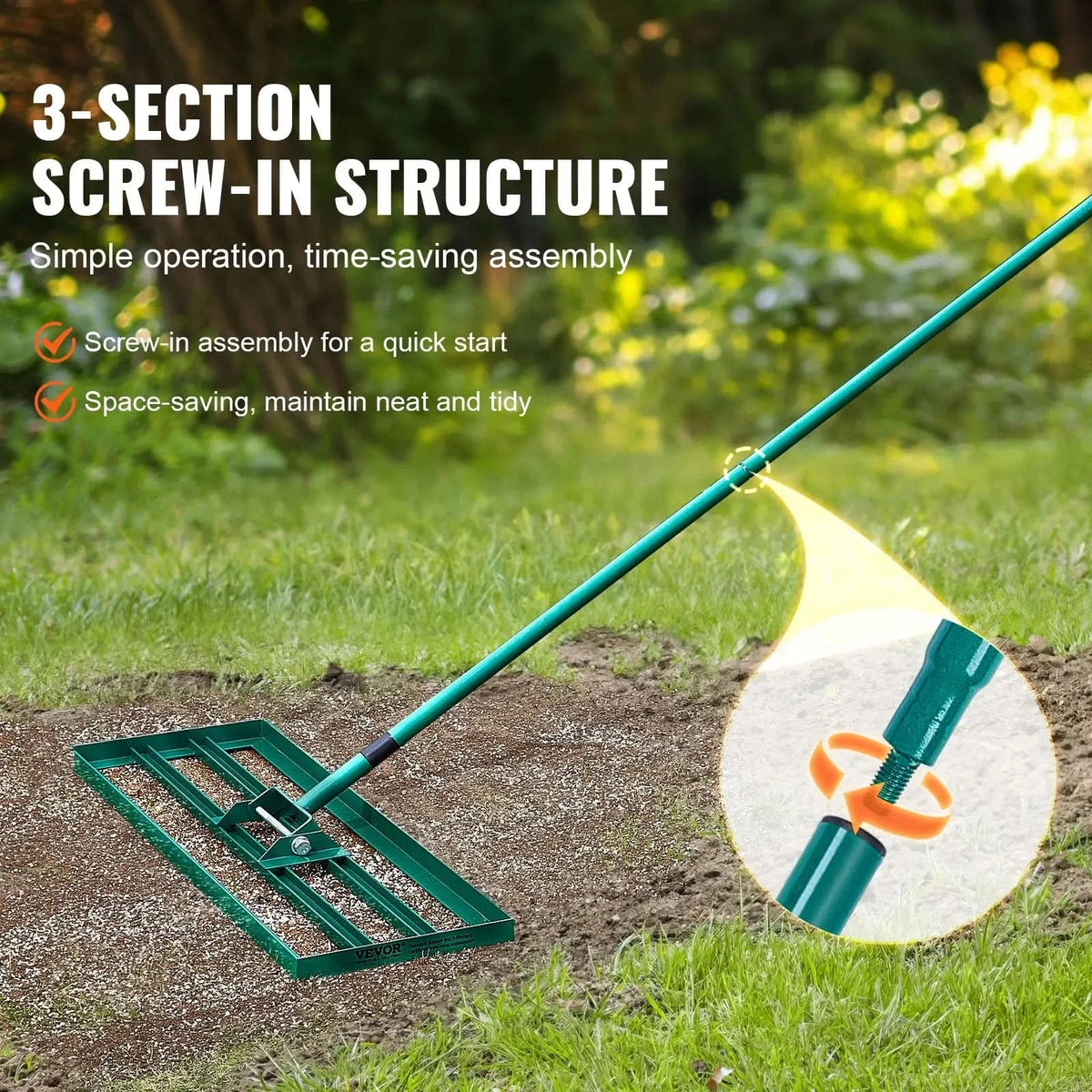 Lawn Leveling Rake | Wide Aluminum Base & Ergonomic Long Handle | 91 x 25 cm