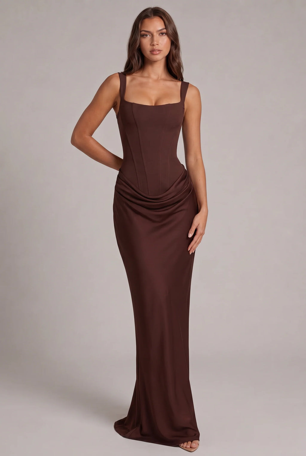 Maxi Dress | Boned Corset Bodice & Draped Lyocell Skirt | Adjustable Straps