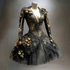 Mini Dress | Gothic Skeleton & Floral Appliqués | Long Sleeve