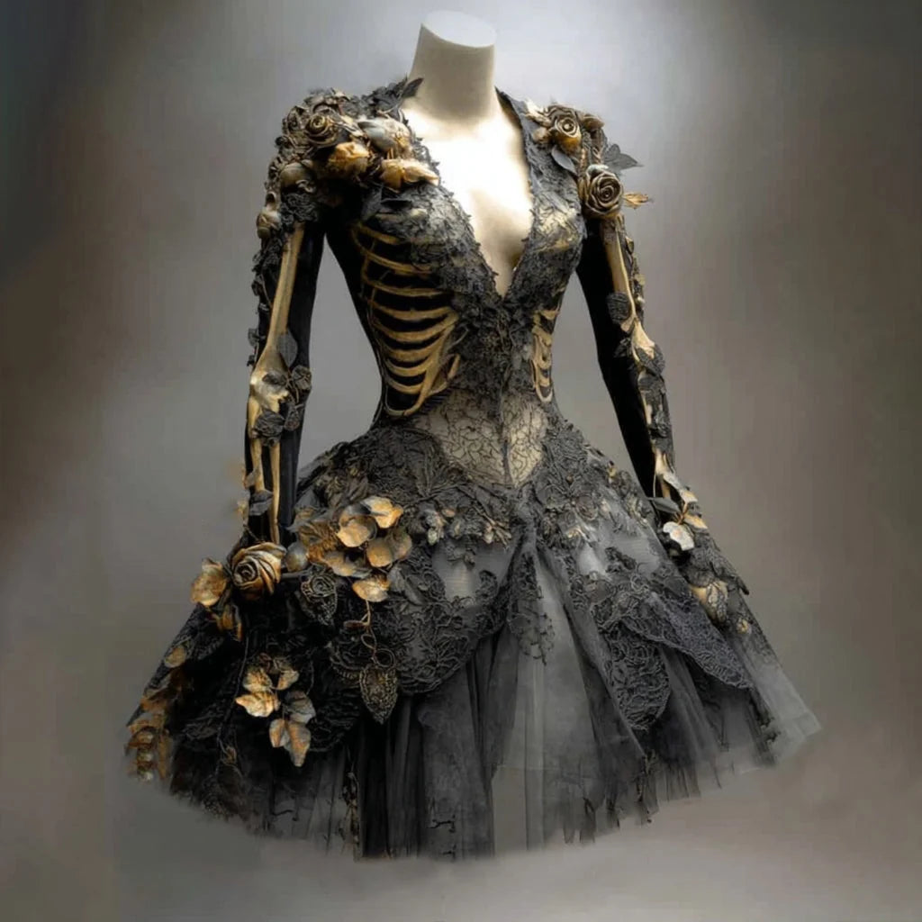 Mini Dress | Gothic Skeleton & 3D Floral Details | Long Sleeve