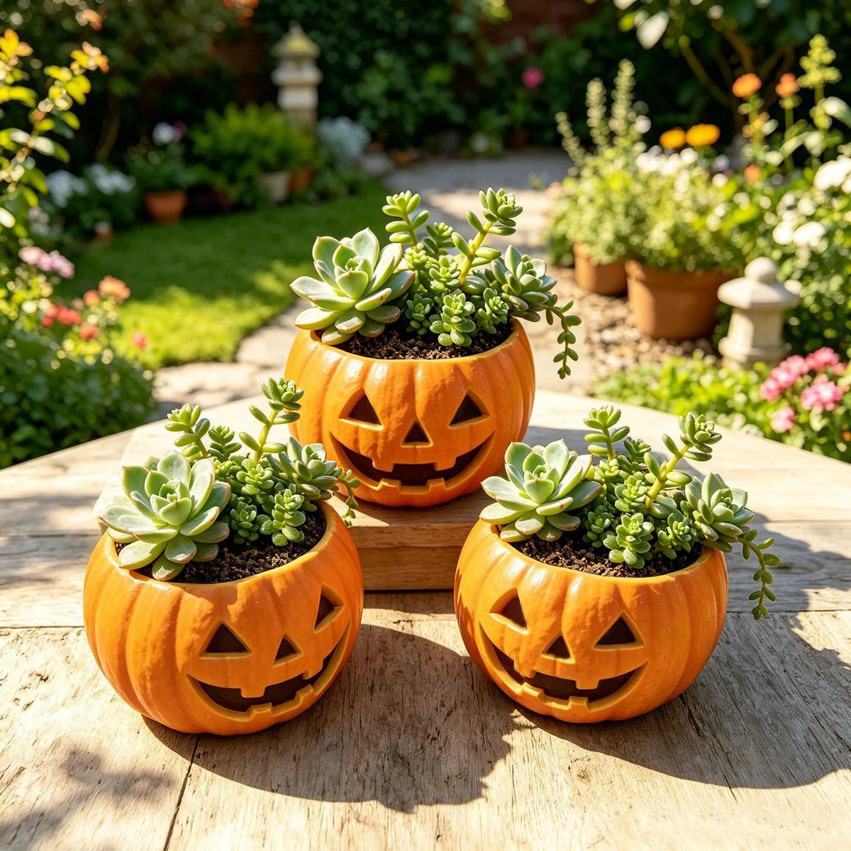 Pumpkin Planter | Glossy Ceramic Carved Face | Integrated Planter Insert