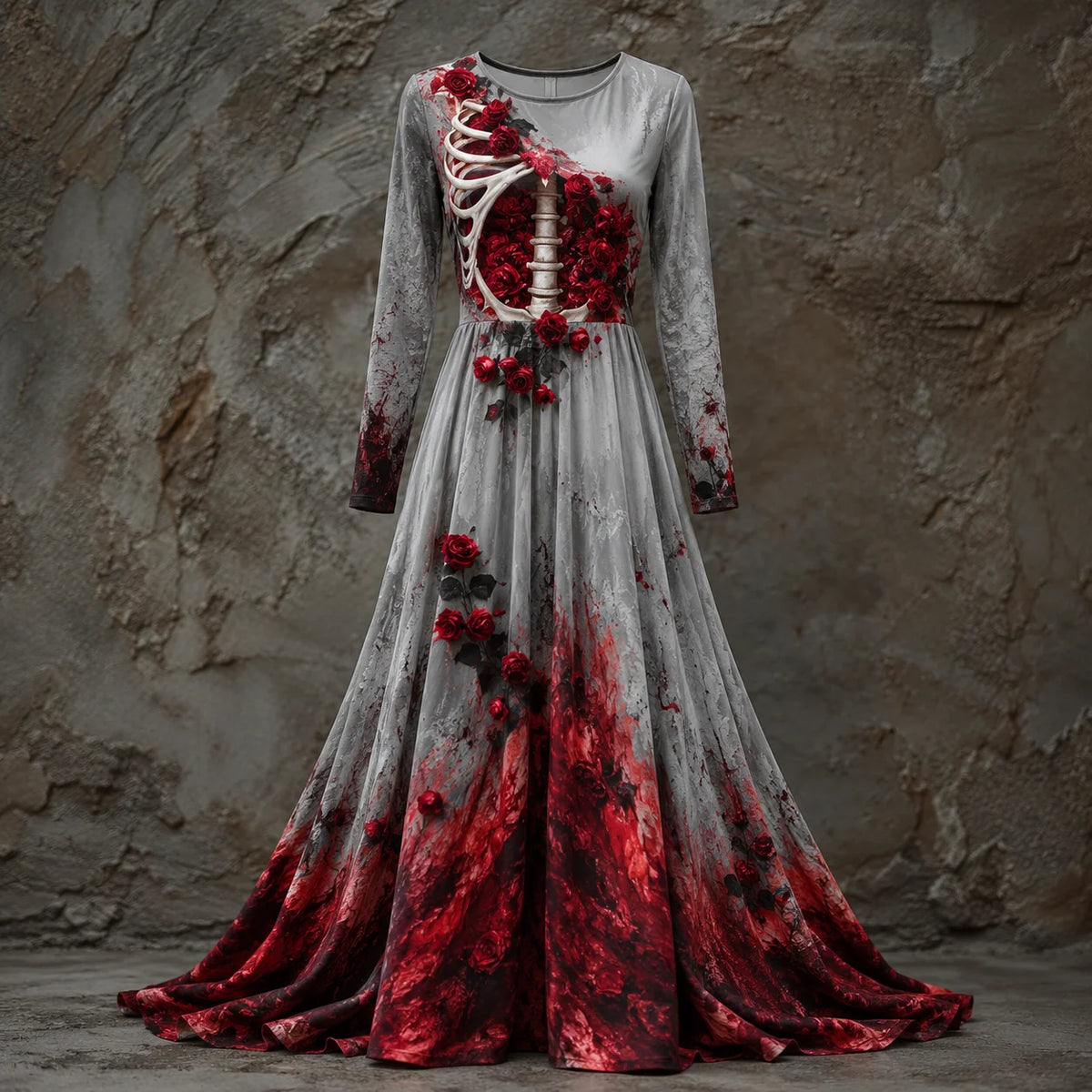 Halloween Dress | Skeleton Bodice & Rose Details | Long-Sleeved