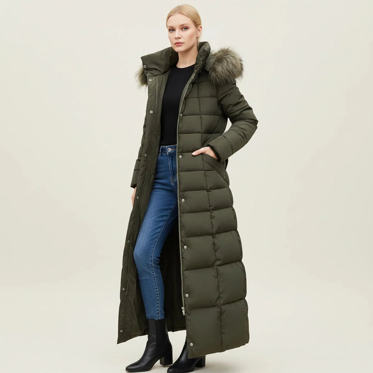 Puffer Coat | Long Quilted Faux Fur Hood | Belted Waist