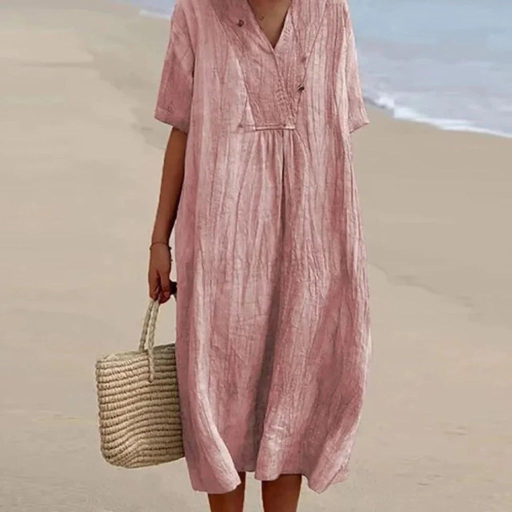 Women’s Midi Dress | Breathable Linen Blend V-Neck | Loose Fit