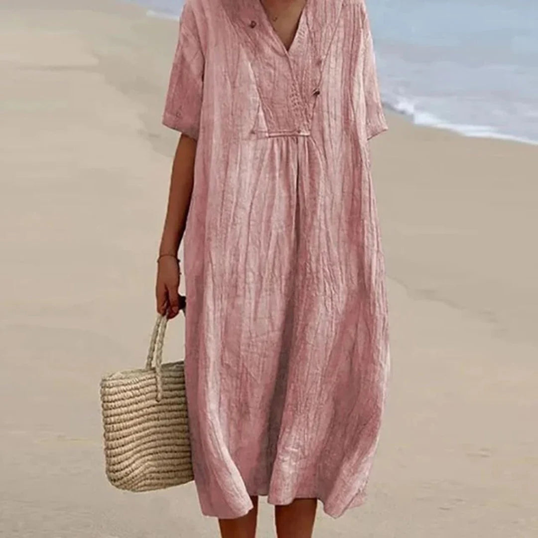 Women’s Midi Dress | Breathable Linen Blend V-Neck | Loose Fit
