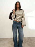 Women's T-Shirt | Striped Rib-Knit | Boat Neck & Cropped Long Sleeve