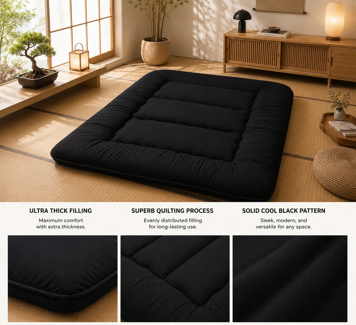 Japanese Futon Mattress | Quilted 4-Inch & Foldable | Washable Polyester