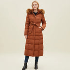 Puffer Coat | Long Quilted Faux Fur Hood | Belted Waist