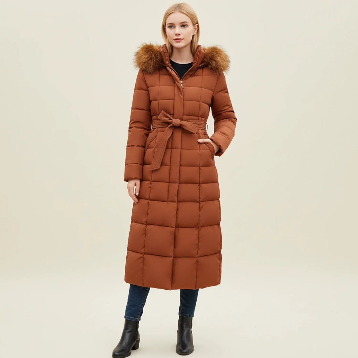 Puffer Coat | Long Quilted Faux Fur Hood | Belted Waist