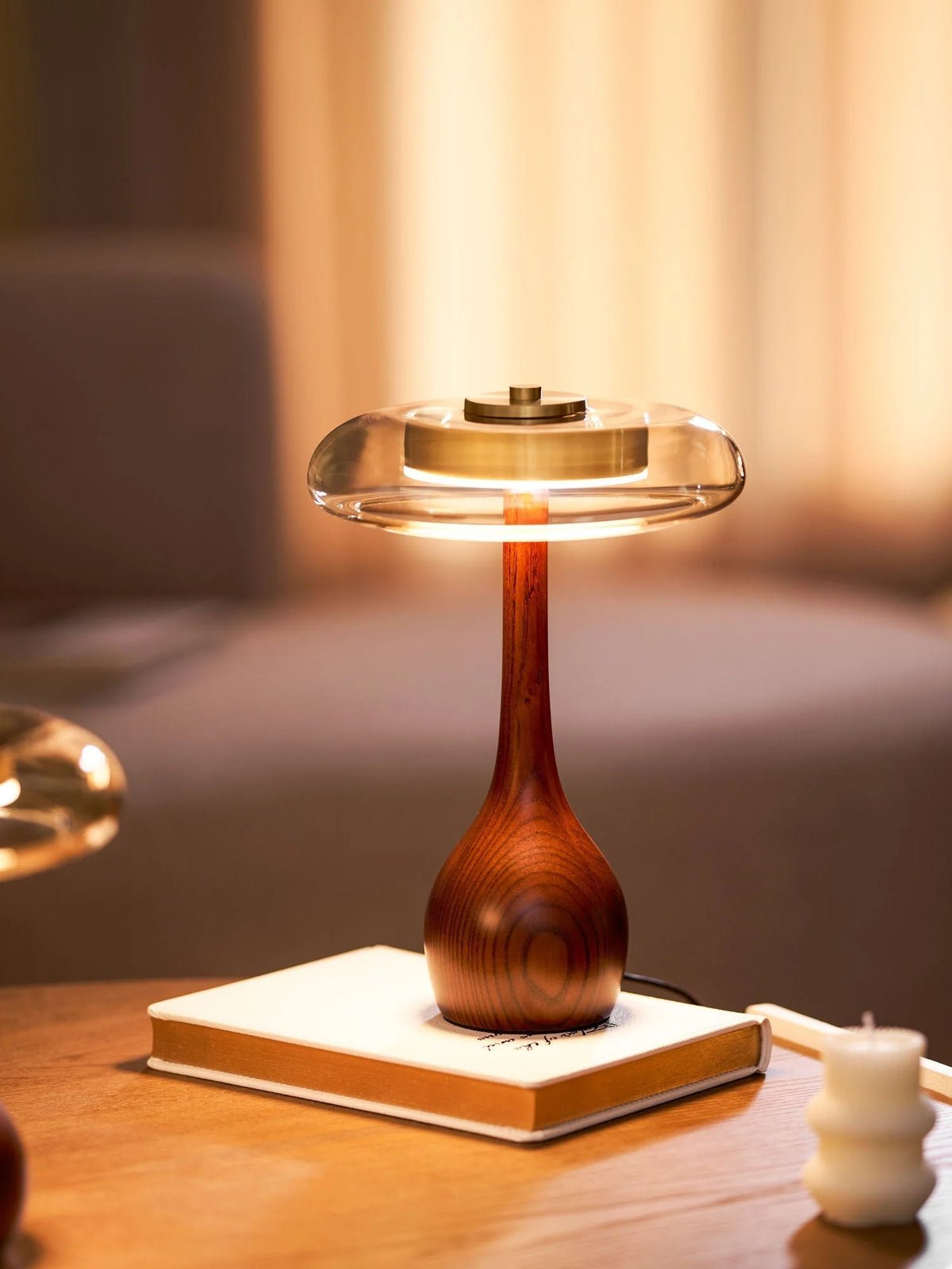 Table Lamp | Walnut-Tone Wood & Amber Glass | Warm LED Light