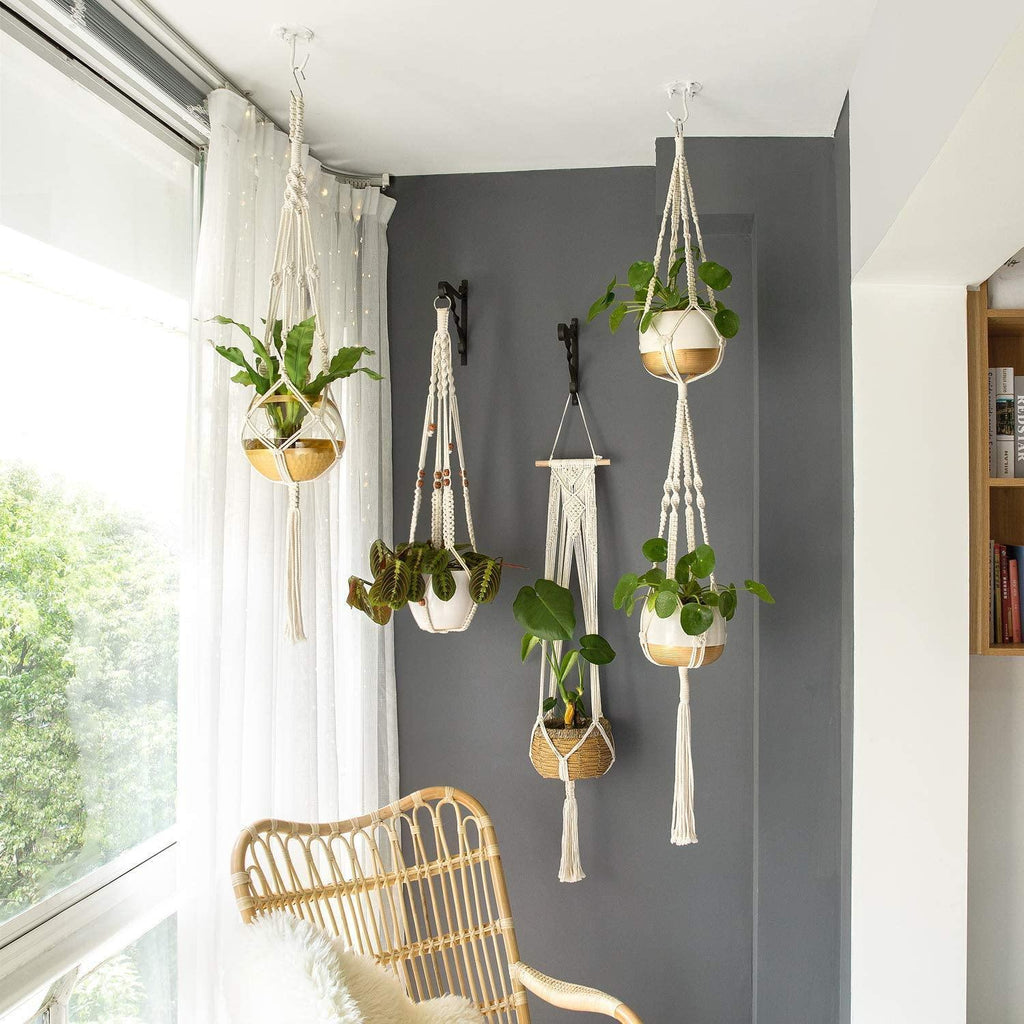 Macrame Plant Hangers | Handmade Cotton Cord & Beads | Set of 4
