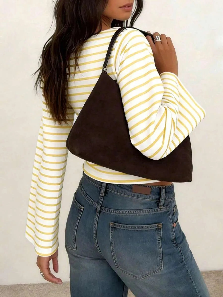 Women's T-Shirt | Striped Rib-Knit | Boat Neck & Cropped Long Sleeve