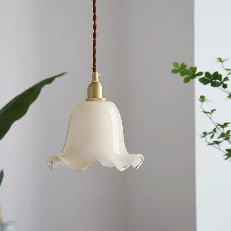 Pendant Light | Brass & Floral Glass Shade | 200 cm Cable