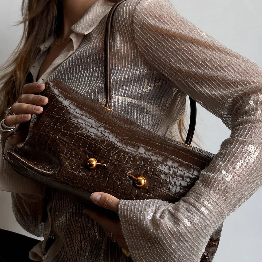 Shoulder Bag | Crocodile-Embossed Vegan Leather | Gold-Tone Hardware