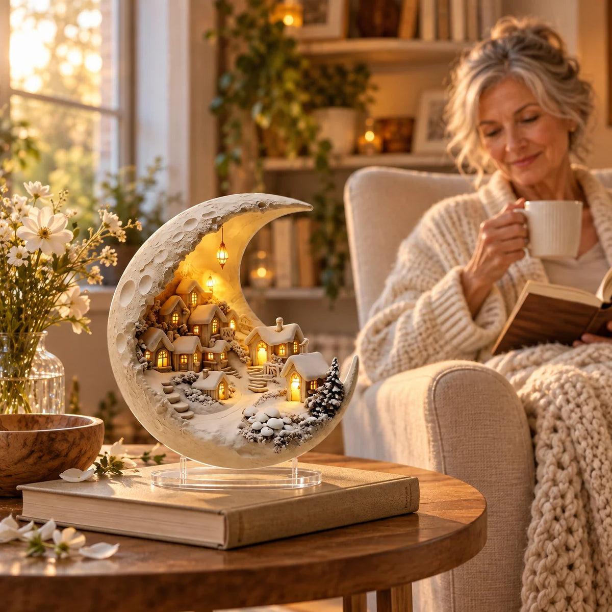 Winter Village Display | Acrylic Crescent Moon Design | 20 × 17 cm