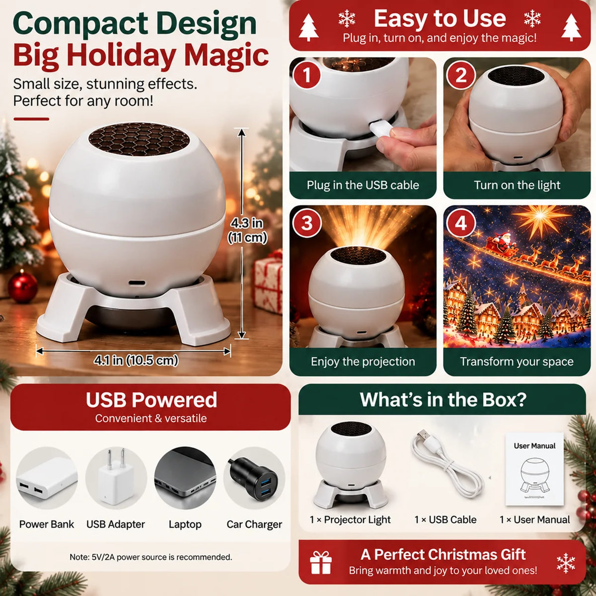 Christmas Projector | LED Festive Projections | USB-Powered & Compact Design