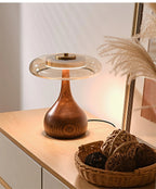 Table Lamp | Walnut-Tone Wood & Amber Glass | Warm LED Light