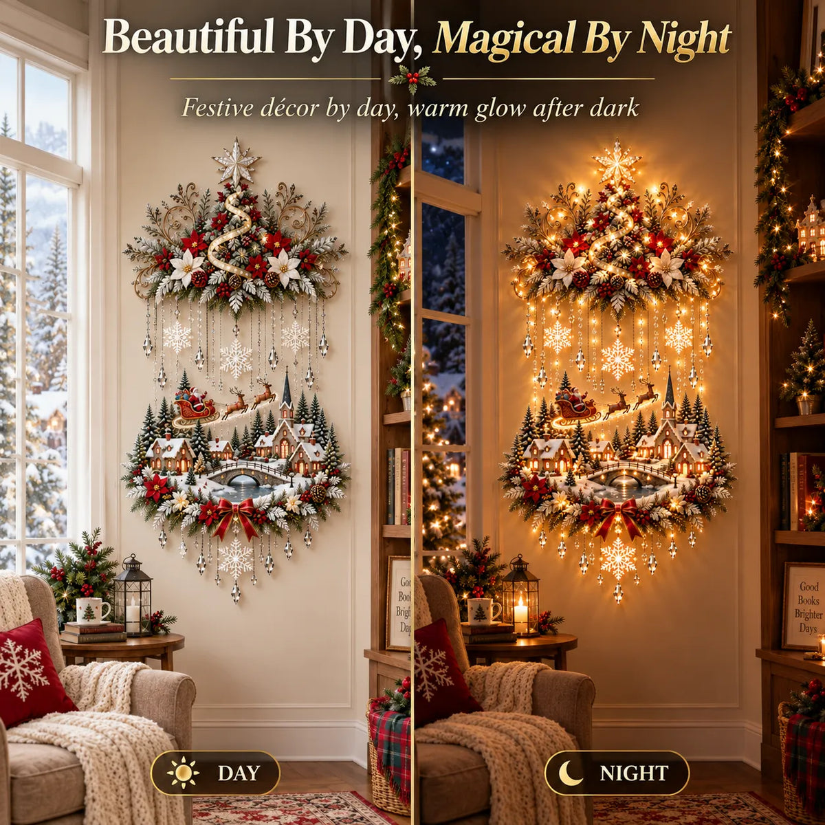 Christmas Tree Wall Hanging | Warm White LED Lights & Winter Village | 90 cm