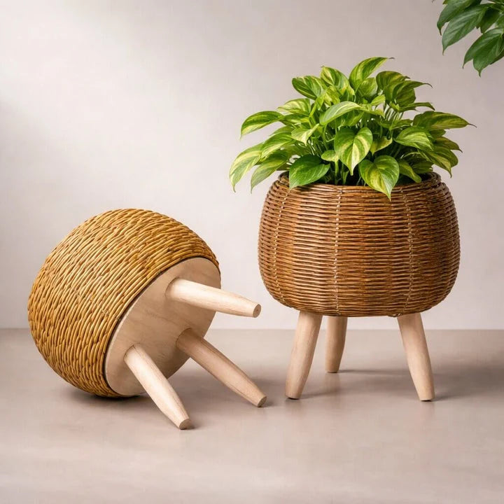 Plant Pot With Feet | Woven Basket & Wooden Feet | With Inner Insert