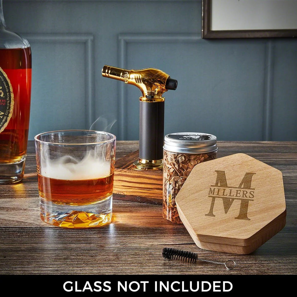 Cocktail Smoker Kit | Engraved Natural Wood | Includes Torch & Wood Chips