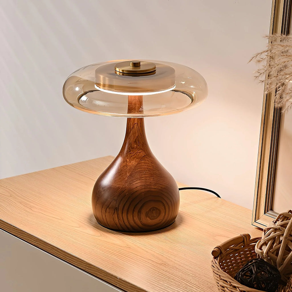 Table Lamp | Walnut-Tone Wood & Amber Glass | Warm LED Light