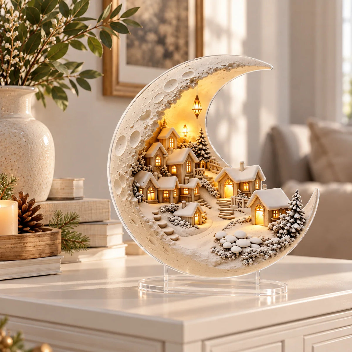 Winter Village Display | Acrylic Crescent Moon Design | 20 × 17 cm