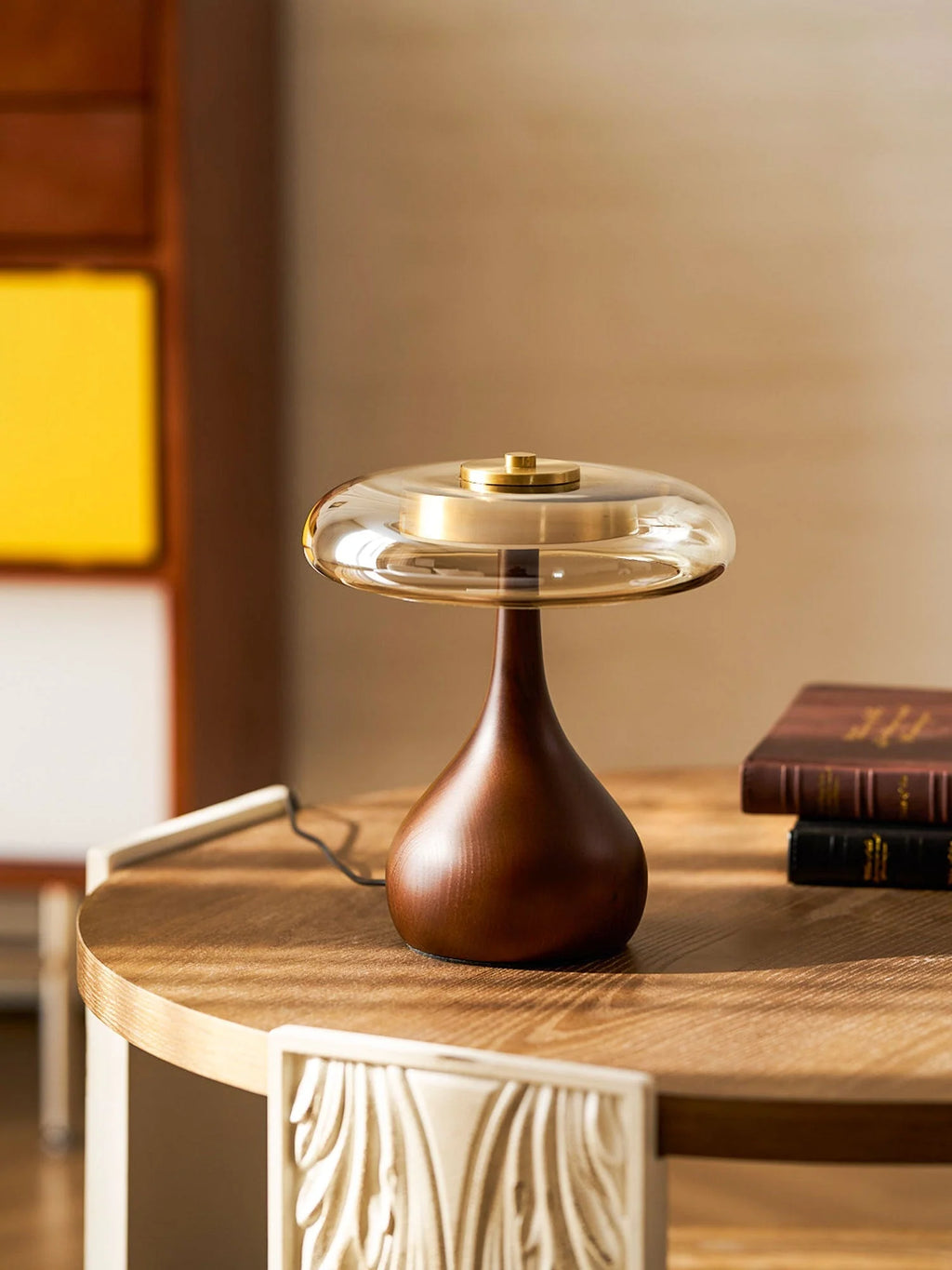 Table Lamp | Walnut-Tone Wood & Amber Glass | Warm LED Light